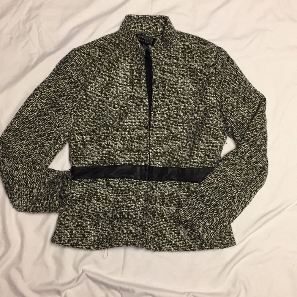 Charcoal gray wool jacket with faux leather belt
